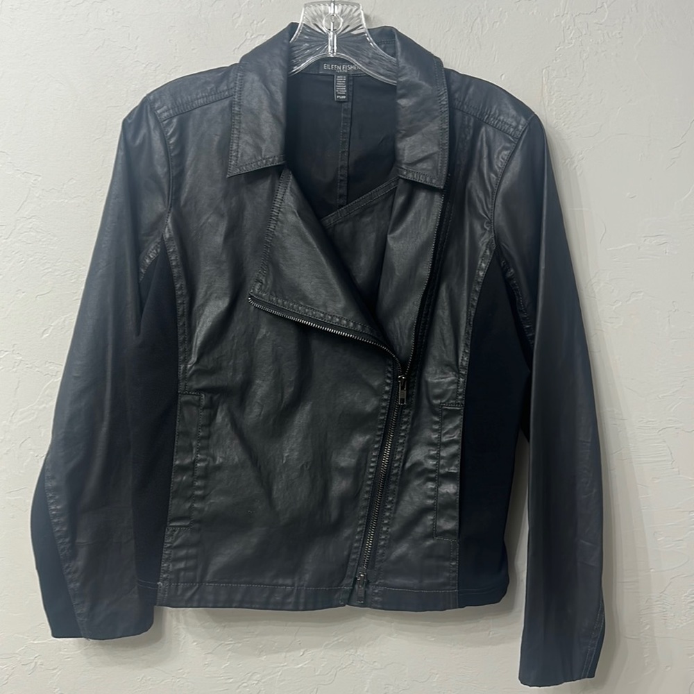 Eileen Fisher black faux leather Moto jacket size PS